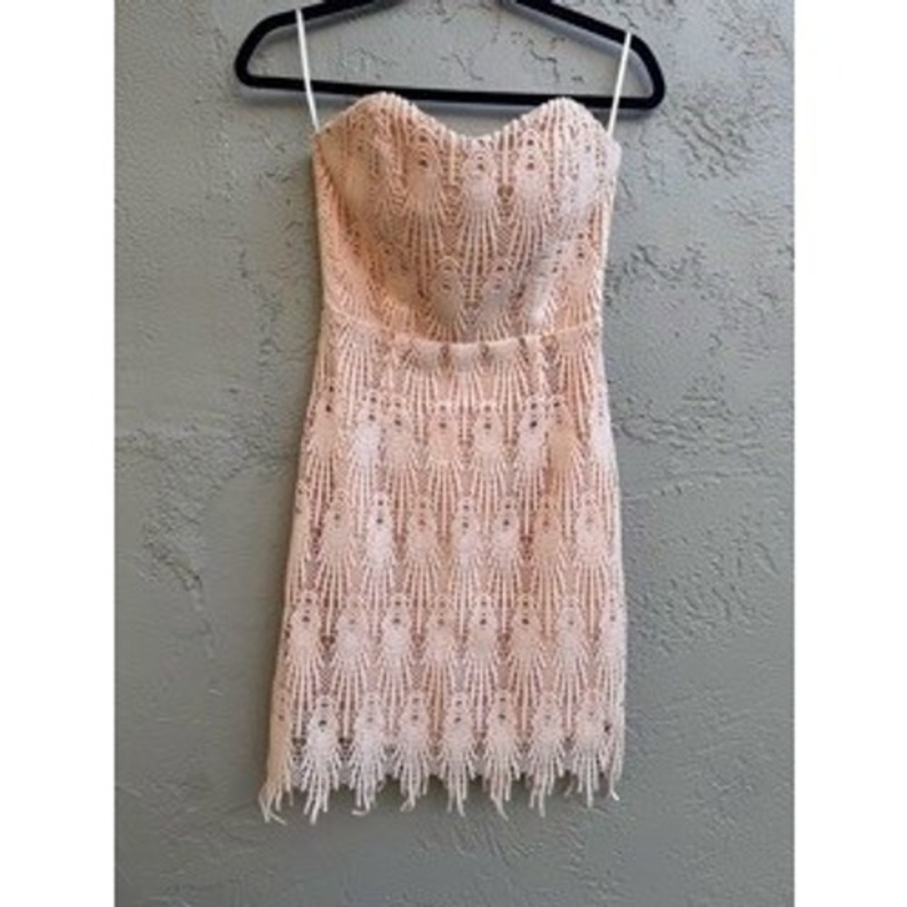 Aijek NEW Strapless Peach Crochet Lace Mini Dress Formal Wedding Coquette Party - Picture 4 of 11
